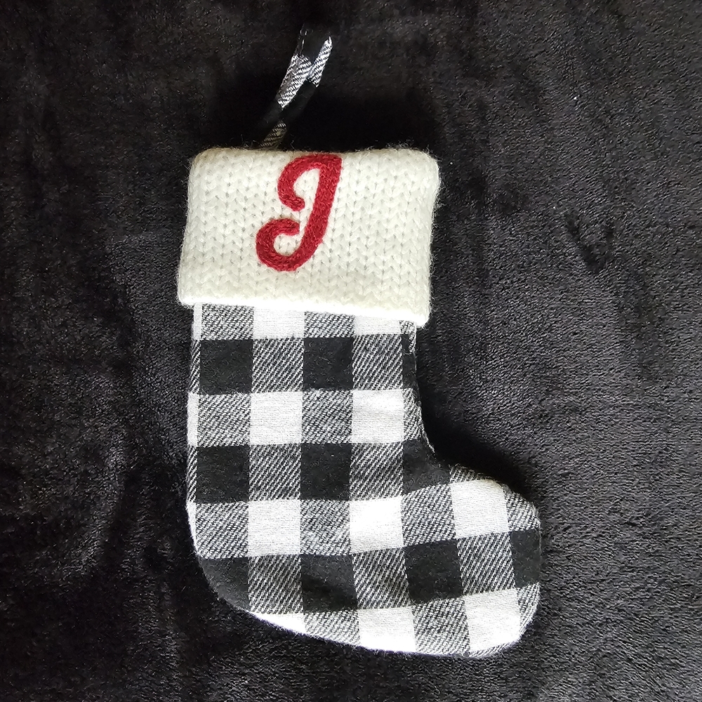 Mini Black and White Plaid Stocking with a J.